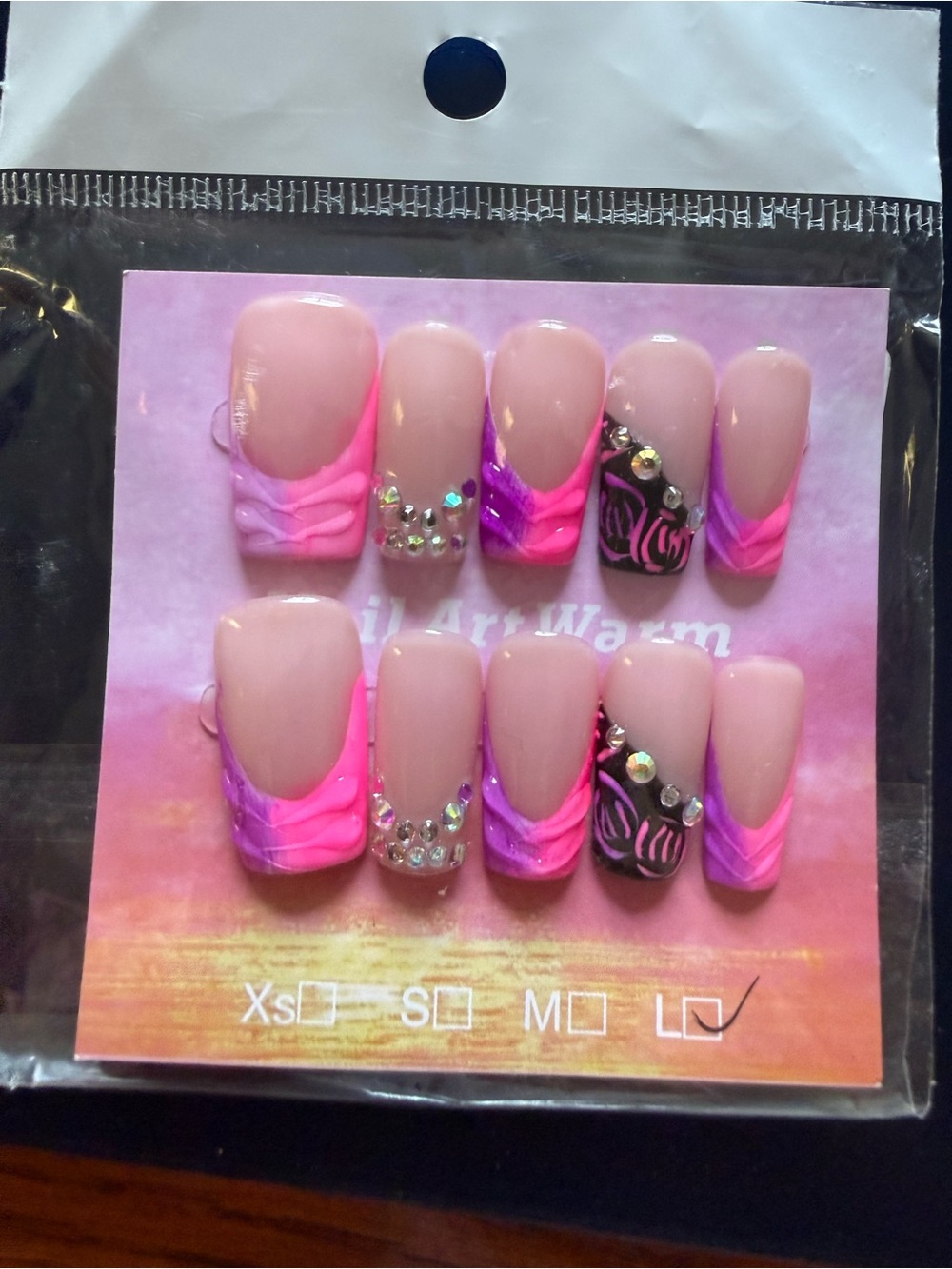 Pink & Purple Press-On Acrylic Nail Set with Rhinestones -